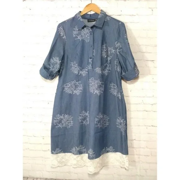 nina leonard denim dress Nina Leonard Elbow Sleeve Button Blue Denim Dress, Sz 12 Floral Embroider
